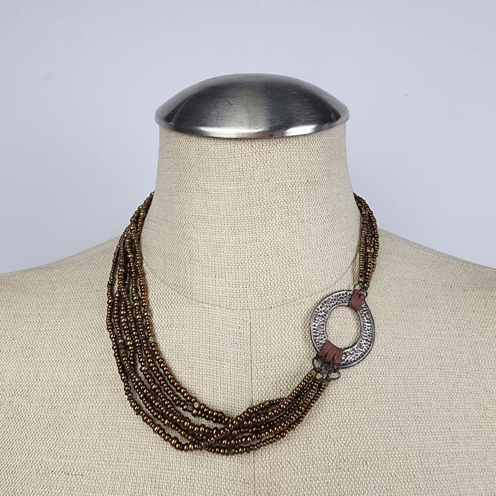 Metallic Bronze Bead & Sterling Silver Multi Strand Necklace